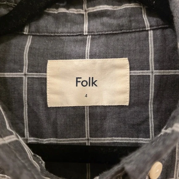 Folk Mens Windowpane Check Button Down Shirt Charcoal Grey Cotton Size 4 L - Picture 3 of 9